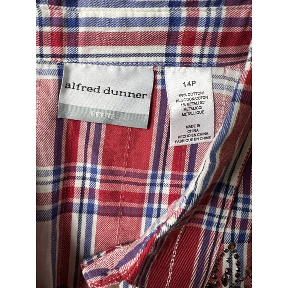 Alfred Dunner Women's Red Plaid 3/4 Sleeve Button Front Top Floral Beading 14P - Picture 7 of 10